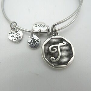 Silver Tone Initial T Expandable Bangle Bracelet with Heart XOXO‎ Compass Charms
